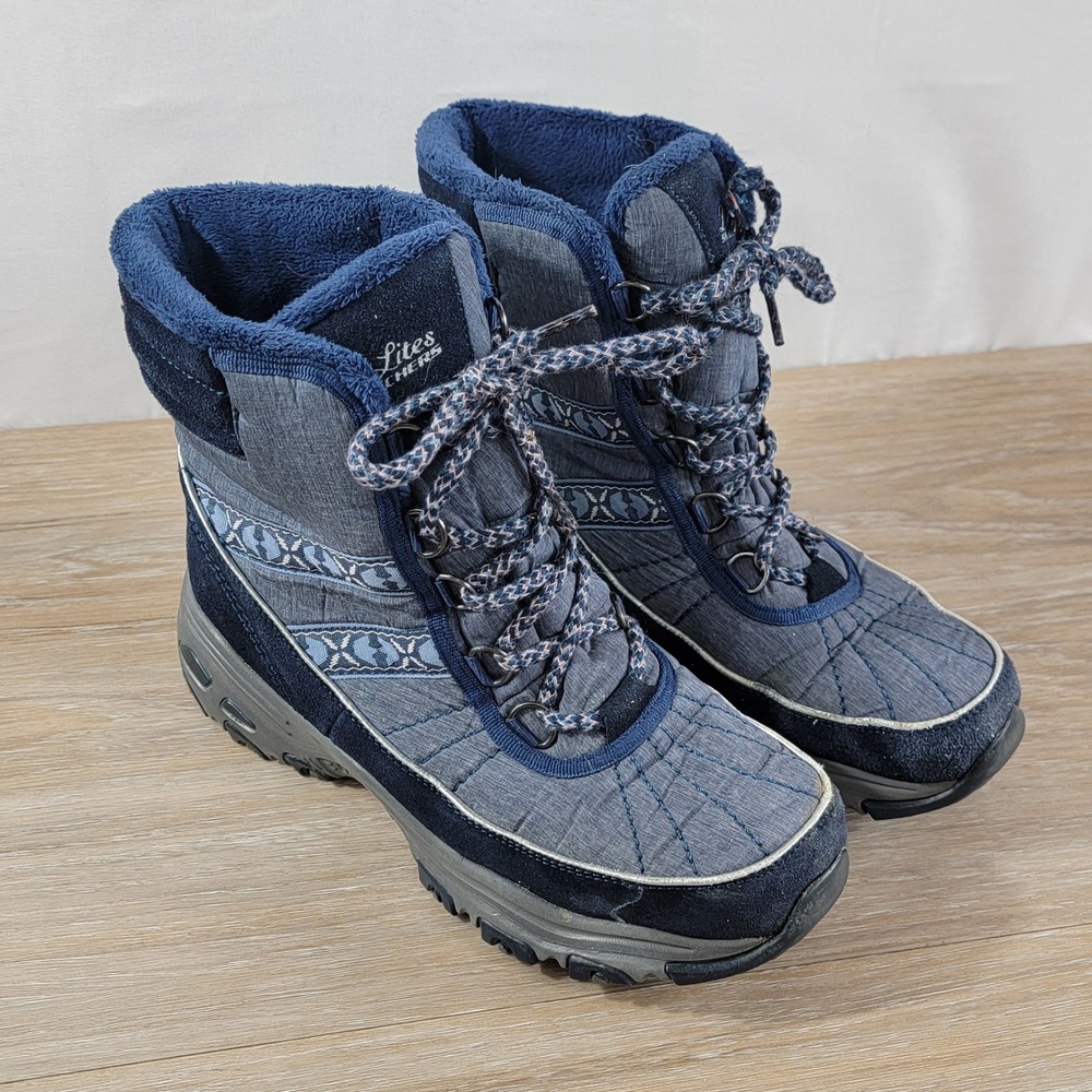 Skechers Lites Womens Size 9 Navy Blue Quilted Textile Leather Upper Ankle Boots